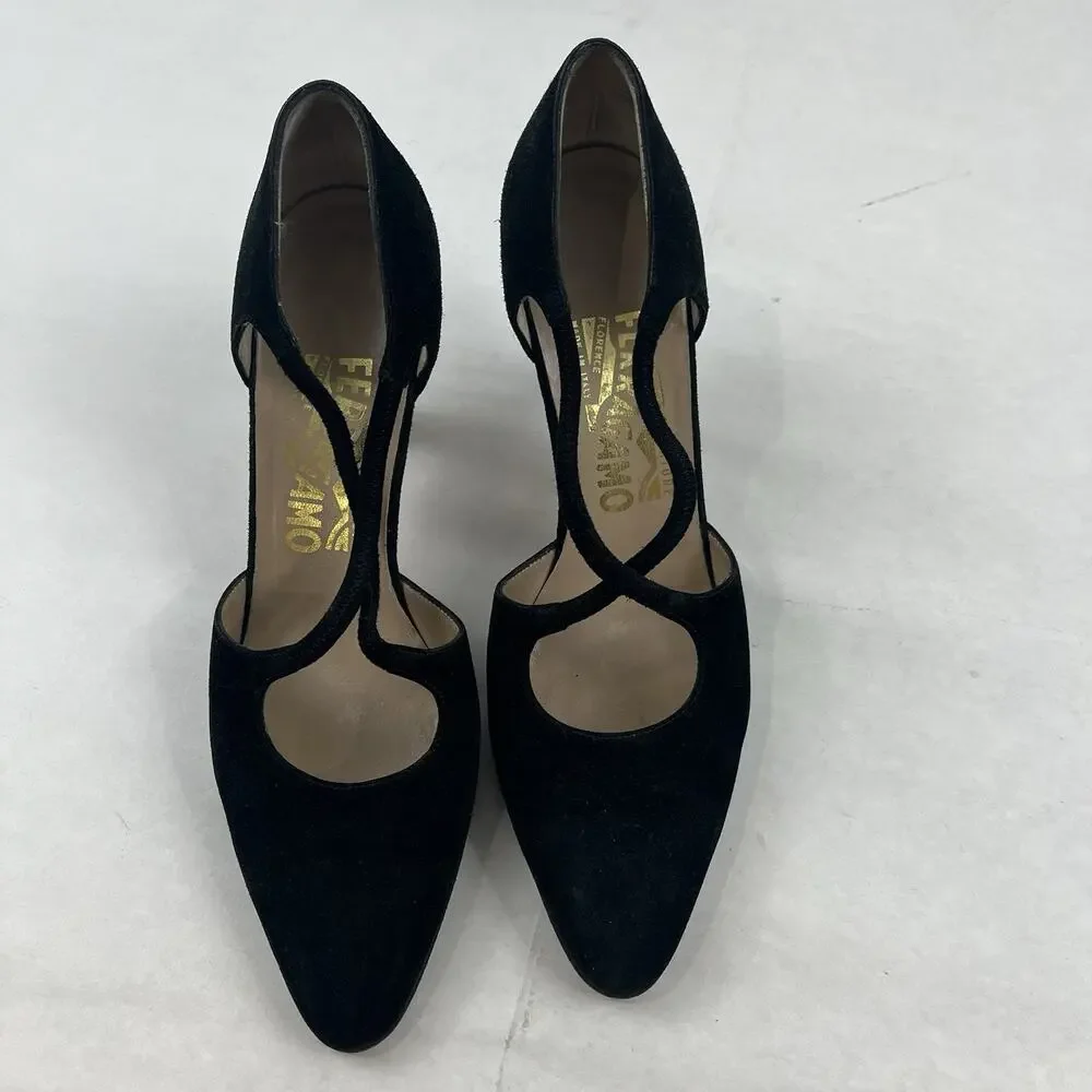 Vintage Salvatore Ferragamo Mary Jane Pumps 7.5 AA Black Suede Made Italy